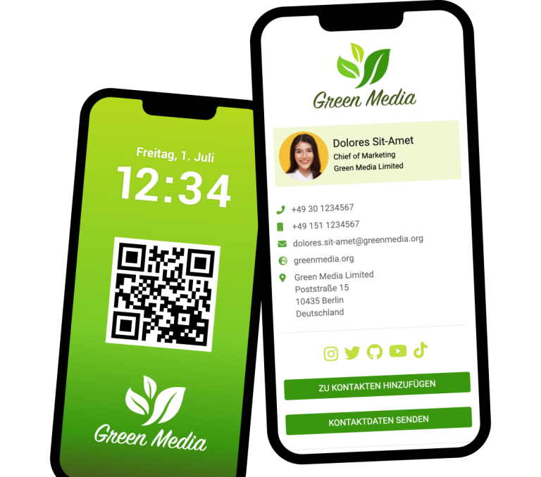 Smartphone mit QR-Lockscreen und Smartphone mit digitaler Visitenkarte