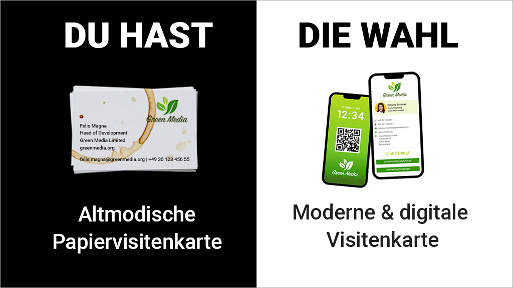 Visitenkarte mit Kaffeefleck vs. digitaler Visitenkarte